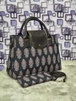 Tas Tangan Kanvas Katun Twill Motif Geometris Etnik India Warna Biru Tua Arang Tua dengan Ritsleting Tahan Air dan Kantong Kosmetik Senada