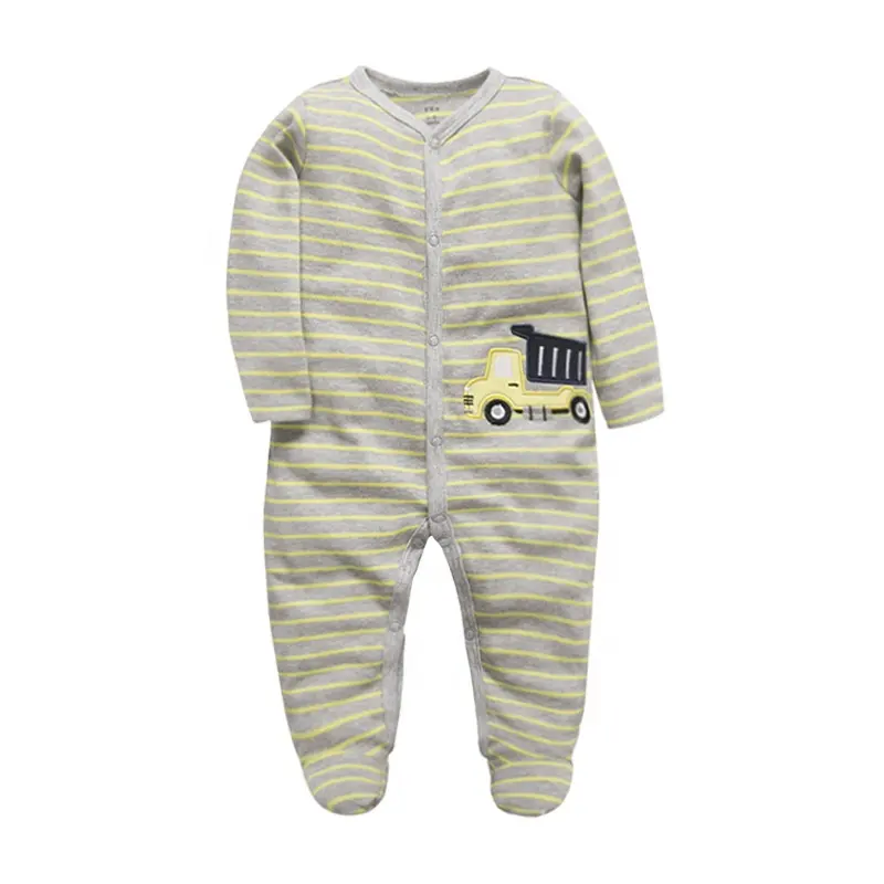 Neugeborene 100% Baumwolle Overall gestreiften LKW Cartoon Print Stram pler Langarm Baby Footie Pyjama