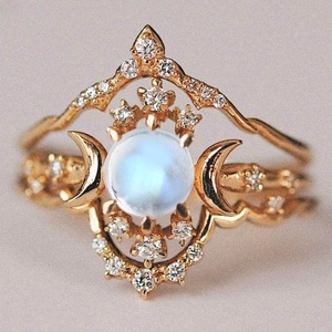 Vintage Moonstone <b>Ring</b> With Diamond Pave Setting Gold Plated Women's Engagement Gemstone <b>Ring</b> - Product Image 1