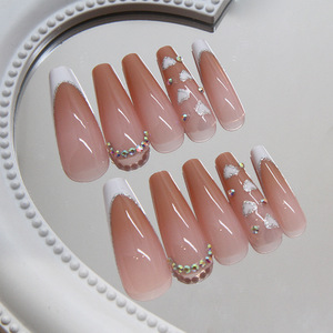 <span class=keywords><strong>Uñas</strong></span> Postizas Francesas <span class=keywords><strong>Largas</strong></span> con Brillo Dorado y Degradado Blanco, Diseño Acrílico, <span class=keywords><strong>Uñas</strong></span> Falsas con Diamantes para Mujer - Product Image 4