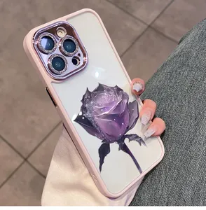 Chính xác máy ảnh lỗ rõ ràng Fancy Rose Flower điện thoại di động Trường hợp 14 Pro Max 14 cộng với 13 Pro Max bảo vệ Cover quay lại