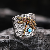 Bague vintage en alliage de bohème style punk exagéré tube rond libellule zircon pierres précieuses