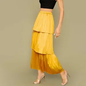 Kadın giyim toptan zarif bayanlar elastik bel uzun sarı katmanlı saten etekler