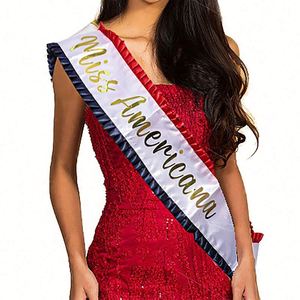 Banda Publicitaria de Verano Miss Americana de Poliéster Personalizada de Alta Calidad con Estampado por Sublimación y Volantes Rojos y Azules - Product Image 1