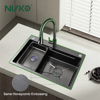 Évier de cuisine multifonctionnel intelligent Nisko 304/201 en acier inoxydable noir ou argenté, fait main, avec cascade intégrée