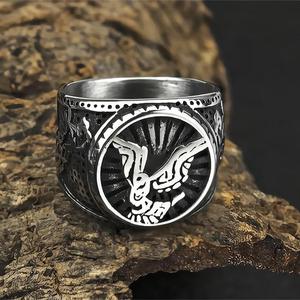 European American Style Men's <b>Titanium</b> Steel <b>Ring</b> Viking Raven Pattern Double Sided Wolf Design Hip Hop Jewelry Gift - Product Image 1