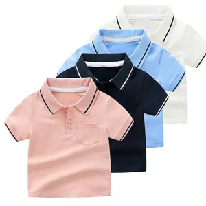 Оптовая продажа, летняя одежда для маленьких мальчиков, Однотонная футболка с коротким рукавом, топы, детская хлопковая рубашка-поло с отложным воротником и карманами