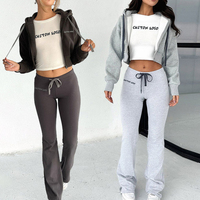 Huilie Ensemble 2 pièces basique en coton biologique de haute qualité pour femme T-shirt à manches longues de couleur unie imprimé personnalisé Bouton à capuche évasé