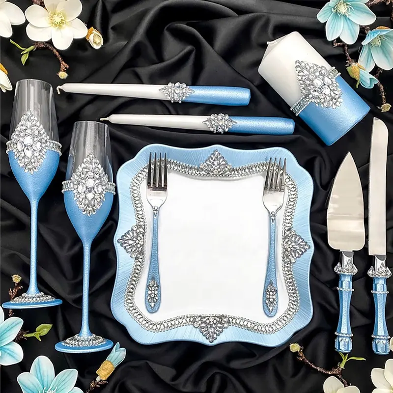 Set gelas pernikahan sampanye seruling berlian pengeboran tempat buatan tangan 210ml dengan pisau sekop kue