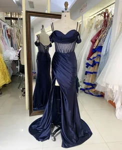 Wholesale Navy Off Shoulder Mermaid Satin Corset Rhinestone Pleated Long Gown Prom Evening Dress 2025