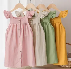 2024 New Arrival Cổ Điển Phong Cách Linen Bông Bé Cô Gái Ăn Mặc Ruffle Tay Áo Kis Cô Gái Công Chúa Bên Váy Mùa Hè Quần Áo