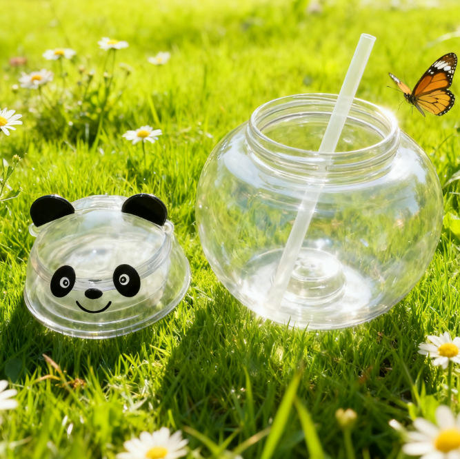 Cartoon Panda Suction Cup Drinking Cup for Kids, Transparent Plastic Tumbler with Straw, Creative Funny Gift