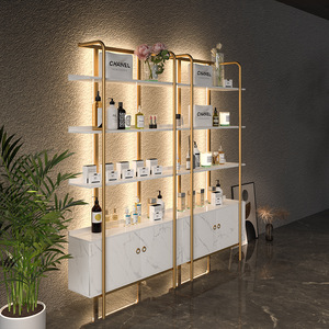 Vitrine de présentation de produits de beauté professionnelle, présentoir sur pied doré pour boutique de cosmétiques, présentoir de cosmétiques à LED - Product Image 5