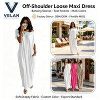Robe longue ample VELAN personnalisée avec logo, blanche, épaules dénudées, manches chauve-souris courtes, grande taille, pour femme