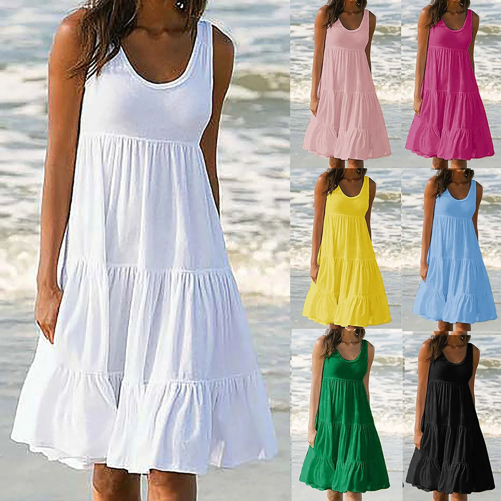 Women Summer Casual Dress Sleeveless Loose Sundress Plus Size Lady Solid Beach Maxi Dresses