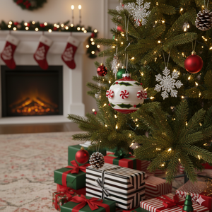 Boule de Noël en verre motif feuille de houx et bonbon menthe, décoration de Noël rouge et blanc en forme de canne à sucre pour sapin de Noël et décoration intérieure - Product Image 4