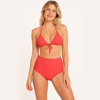 Maillot de bain femme taille haute rétro, haut triangle uni corail, style vintage, OEM, vente en gros, usine, maillot de bain féminin