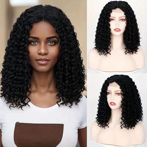 Perruques Lace Front Européennes et Américaines pour Femmes, Courtes, Bouclées Afro, <span class=keywords><strong>Mi</strong></span>-longues, avec Raie au Milieu, en Fibre Haute Température - Product Image 2