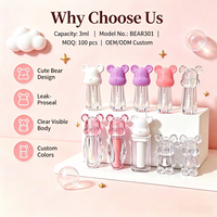 ISMAN Tubes de brillant à lèvres pour enfants 2,5 ml, motif ours de dessin animé, mignons, roses et blancs, emballage vide pour brillant à lèvres avec porte-clés et crochet, conteneur d'huile à lèvres