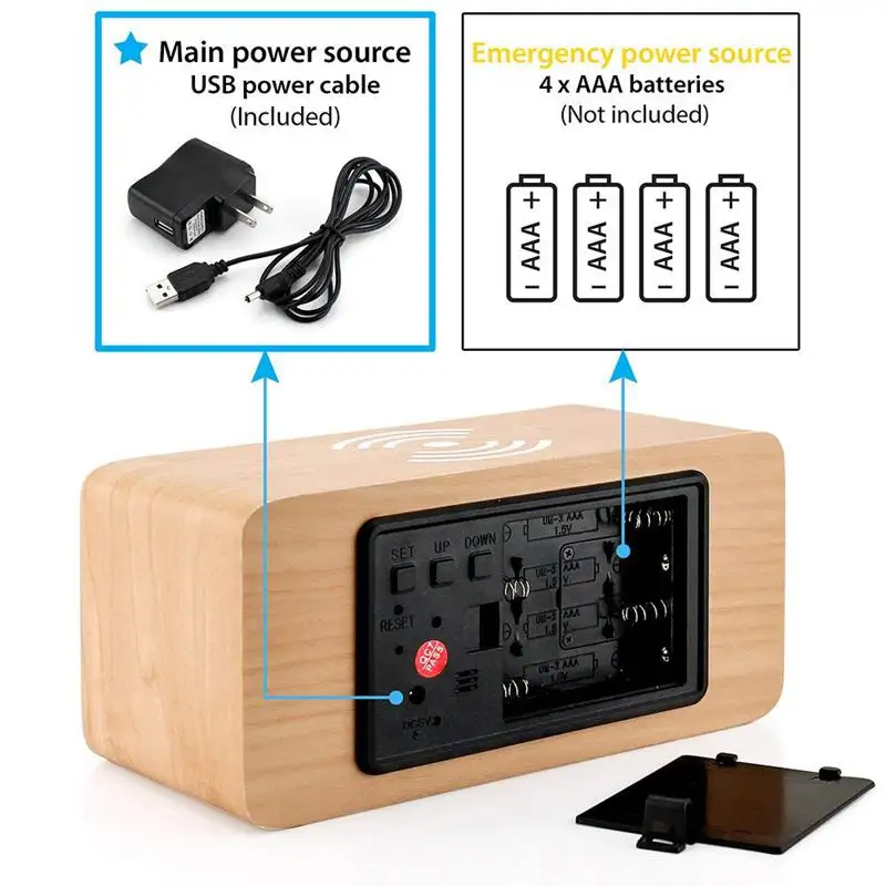 Controllo elettronico del suono ricarica Wireless Smart LED digitale in legno di bambù orologio sveglia calendario data caricabatteria senza fili legno