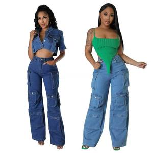 高品质女式棉质弹力牛仔裤纯色透气大号库存时尚休闲裤标志腰身直销中国 - Product Image 3