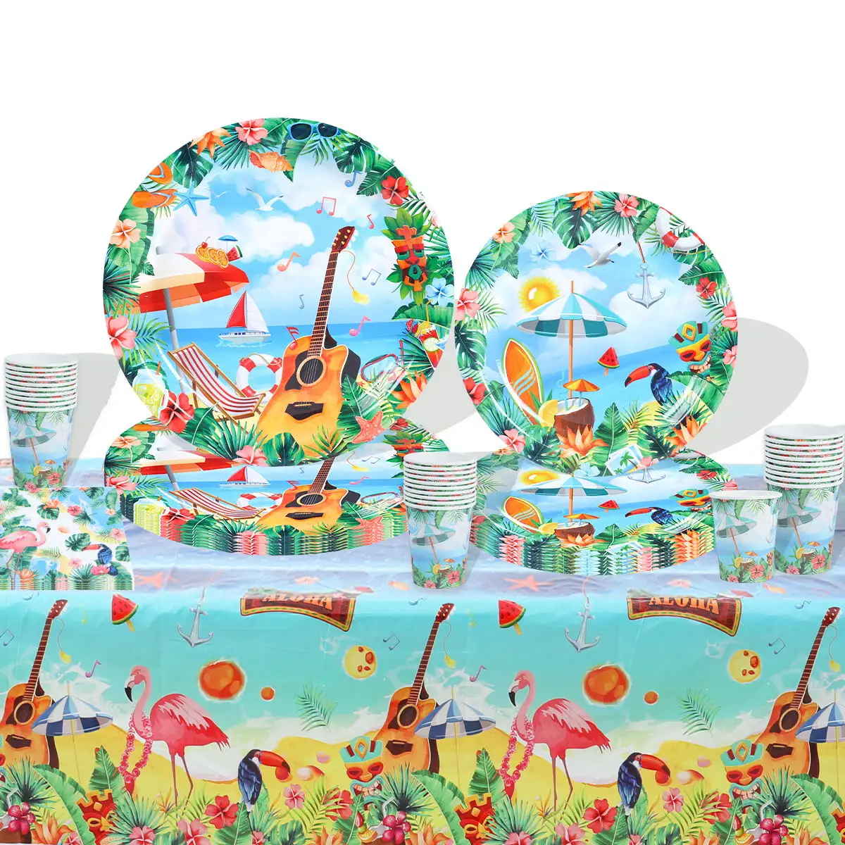 Thème hawaïen ensemble de vaisselle jetable tasse en papier pique-nique gâteau assiettes en papier anniversaire fête fournitures ensemble de vaisselle