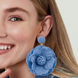 European and American Super Fairy Art <b>Earrings</b> New Trendy Hanging Fabric Flower <b>Drop</b> <b>Earrings</b> for Women Alloy Material - Product Image 2
