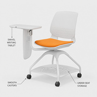Chaise de formation mobile moderne en plastique convertible avec tablette d'écriture pivotante, rangement sous le siège et roulettes pour salles de classe et salles de conférence