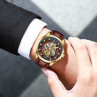 Montres squelette steampunk LIGE LG8997, montre en cuir marron pour homme, double cadran creux, aiguilles lumineuses, montre-bracelet vintage + boîte cadeau