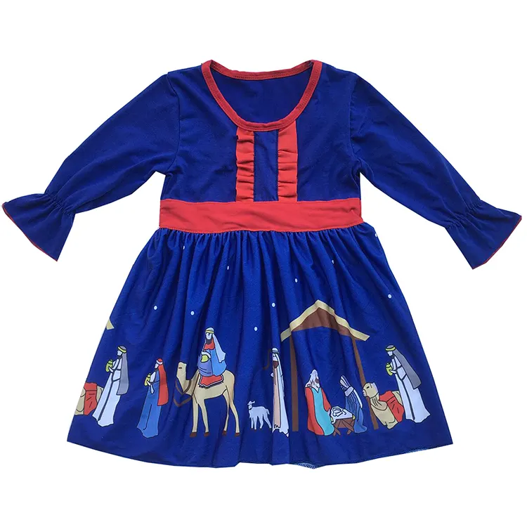 OEM/ODM Entrega Rápida 2019 refilmagem roupa dos miúdos azul natividade natal boutique vestido para os bebés