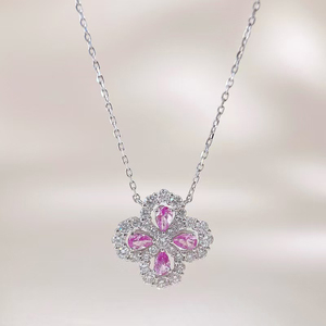 18K Weißgold Labor-Diamant Kleeblatt Saphir Birnenförmiger Anhänger Glücksbringer Halskette für Damen Diamantkette Labor-Diamantschmuck - Product Image 2