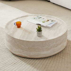 Mesa de Centro Redonda Moderna con Diseño de MARS y Almacenamiento para Sala de Estar, Diseño Texturizado de Travertino Sintético, Sin Necesidad de Ensamblaje - Product Image 1