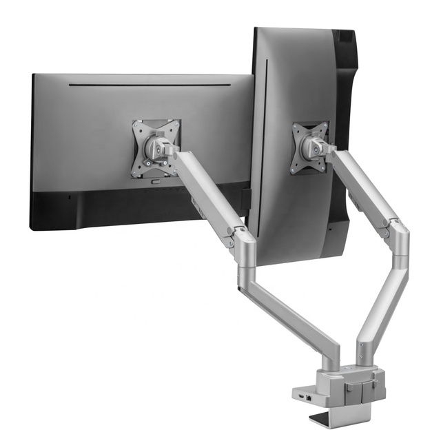 Home Office Ergonomic Aluminum Computer Desk Smart Gas Spring Extension Dual Monitor Arm With 8-IN-1 Docking Station
