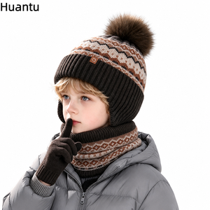 Ensemble <span class=keywords><strong>tricot</strong></span>é 3 pièces en acrylique <span class=keywords><strong>pour</strong></span> enfants : bonnet, cache-cou et gants tactiles, motif Fair Isle, chauds <span class=keywords><strong>pour</strong></span> l'hiver, bleu avec pompon, <span class=keywords><strong>pour</strong></span> garçons et filles - Product Image 1