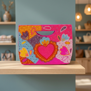 Pochette de soirée artisanale en forme de cœur perlé avec doublure en velours, sac à main de mariage coloré de style ethnique - Product Image 3