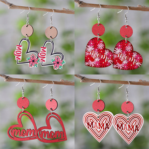 Pendientes de madera Regalo del Día de la madre Flores de mamá Colgante de círculo en forma de corazón Pendientes de doble cara para mujeres Uionen 992 - Product Image 1
