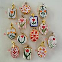 Collier Pendentif DIY en Acier Inoxydable et Céramique Peint à la Main Motif Fleur de Tulipe Géométrique Vintage avec Perles