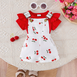 Ensemble 2 pièces d'été pour bébé <span class=keywords><strong>fille</strong></span> (0-3 <span class=keywords><strong>ans</strong></span>) : <span class=keywords><strong>Manteau</strong></span> à manches bouffantes et short à bretelles, motif floral, respirant et décontracté - Product Image 1