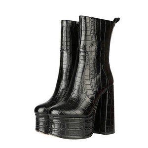 Shining Silver High Platform Mid-Calf Side Zip Women Boots <b>Round</b> <b>Toe</b> Stone Print Big Size Party Chunky <b>Heel</b> Booties for Ladies - Product Image 1
