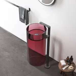 现代红色固体表面台面，带透明树脂椭圆形洗手盆基座水槽，适用于酒店应用