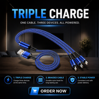 Câble de charge rapide tressé en nylon 3 en 1 66W USB A vers Micro USB Type C pour téléphone portable