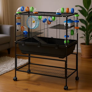 Cage à hamster 3 niveaux avec plateau profond, étagère de rangement roulante, roue d'exercice, système de tubes et cabane, moderne, en métal, rectangulaire, pour intérieur - Product Image 2