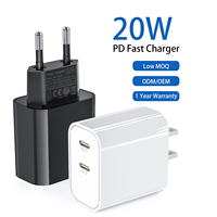 Chargeur rapide GaN 20W Mini double port USB-C PD 3.0 Adaptateur mural Prise US EU pour iPhone Samsung Tablettes Certifié CE FCC OEM