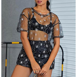 OEM personnalisé femmes paillettes pure sexe T-shirts coupe ample brillant argent Sequin voir à travers les manches courtes <span class=keywords><strong>haut</strong></span> en maille t-shirt - Product Image 2