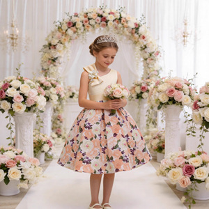Girls' Floral Print Sleeveless A-Line Dress With Bow Pink Princess Flower Girl Costume K2 - Product Image 2