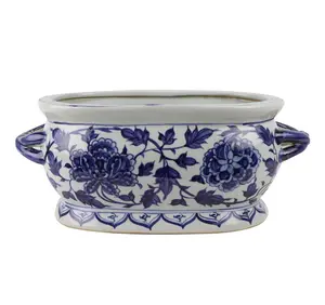 Produttore personalizzato di porcellana muslimafioriere in ceramica per interni di forma ovale di peonia blu e bianca cinese all'ingrosso