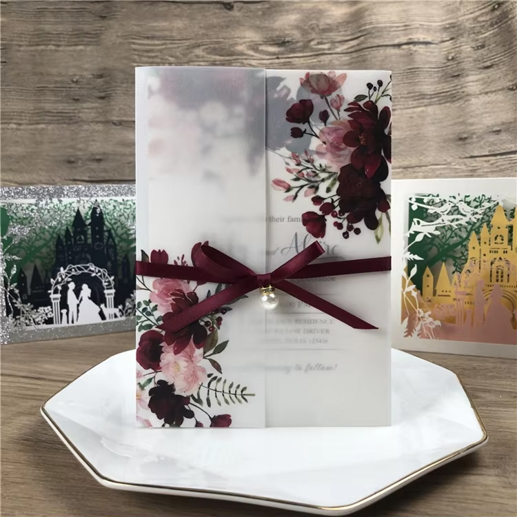 Wedding Invitations Cards With Sleeves and Envelopes and Ribbon Belly Band  Pearl Embellishments Wedding Invitation Cards HS1375| Alibaba.com