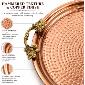 Leathervines Hammered Copper Tray 14 Inch Round With Brass Handles For Coffee <b>Table</b> Decorative Serving Tray - Product Image 6