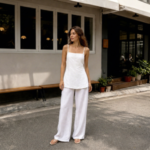 Professional OEM Supplier <b>Women's</b> Casual <b>Short</b> Sleeveless White Cotton Cami Blouse Loose Long Wide Leg <b>Trousers</b> Two-Piece Set - Product Image 1