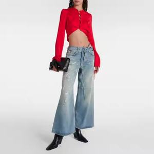 Pantalones Vaqueros Acampanados Personalizados de Alta Calidad, Estilo Casual, Lavables, con Diseño Floral, para Mujer, Venta al Por Mayor, Personalizables - Product Image 2